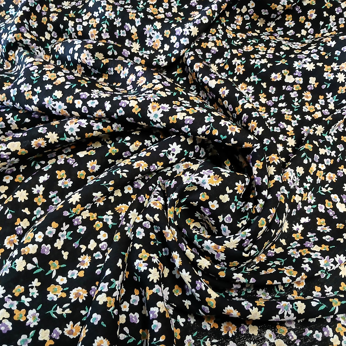 Black Floral Print 100% Rayon Crepe Woven Fabric – Gold Purple White Flowers, 56” Wide