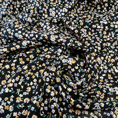 Black Floral Print 100% Rayon Crepe Woven Fabric – Gold Purple White Flowers, 56” Wide