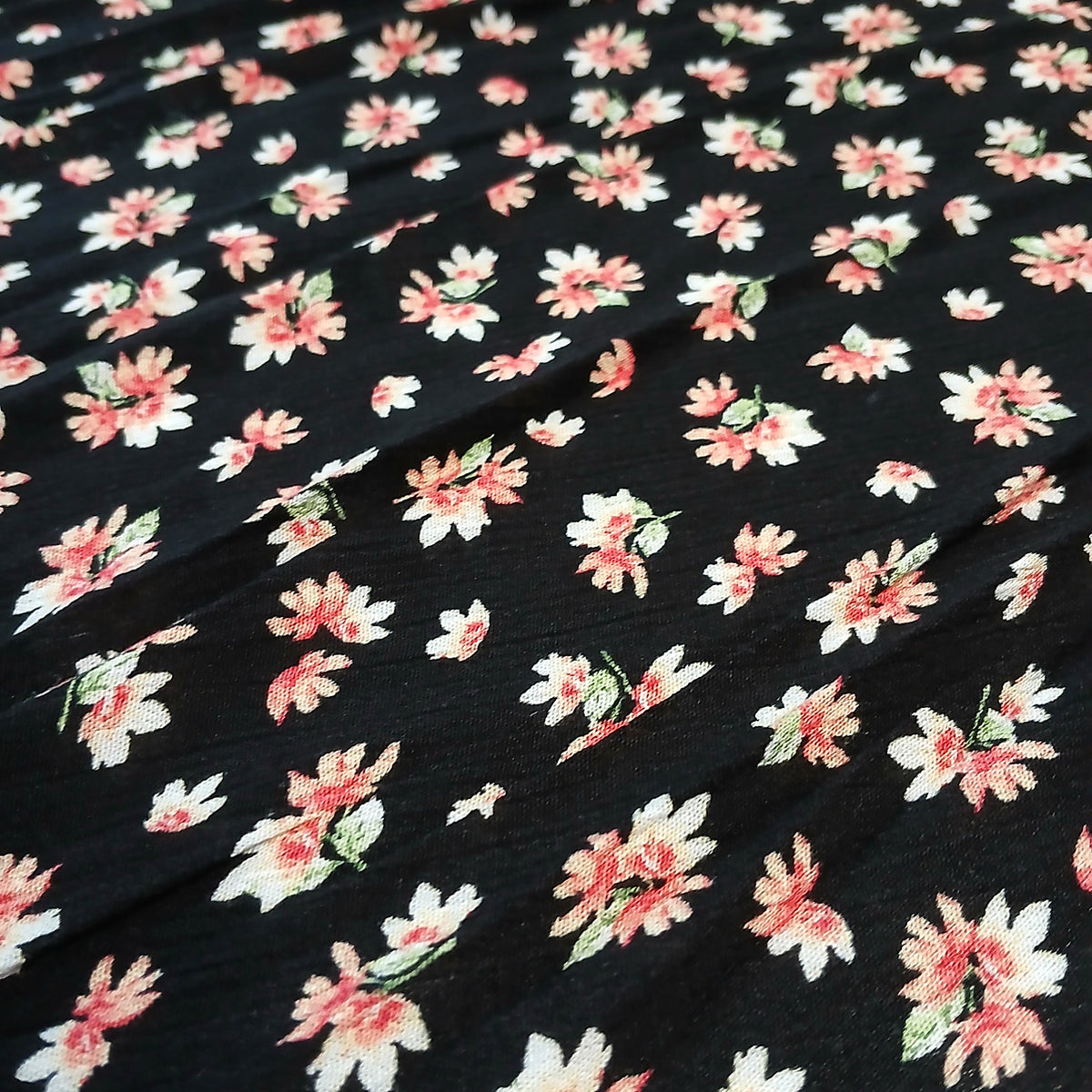 Black Floral Print 100% Rayon Crepe Woven Fabric – Coral White Flowers, 56” Wide