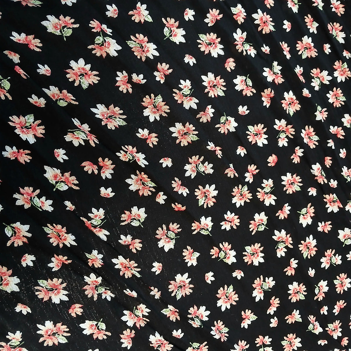 Black Floral Print 100% Rayon Crepe Woven Fabric – Coral White Flowers, 56” Wide
