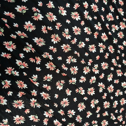 Black Floral Print 100% Rayon Crepe Woven Fabric – Coral White Flowers, 56” Wide