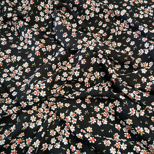 Black Floral Print 100% Rayon Crepe Woven Fabric – Coral Olive White Flowers, 56” Wide