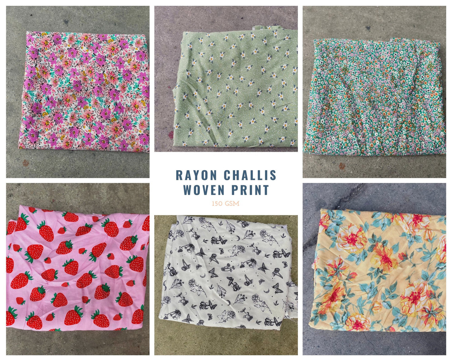Rayon Challis Woven Print Fabric By The Yard Floral, Mushroom, Bird, Strawberry, Butterfly Print 100 Percent Rayon