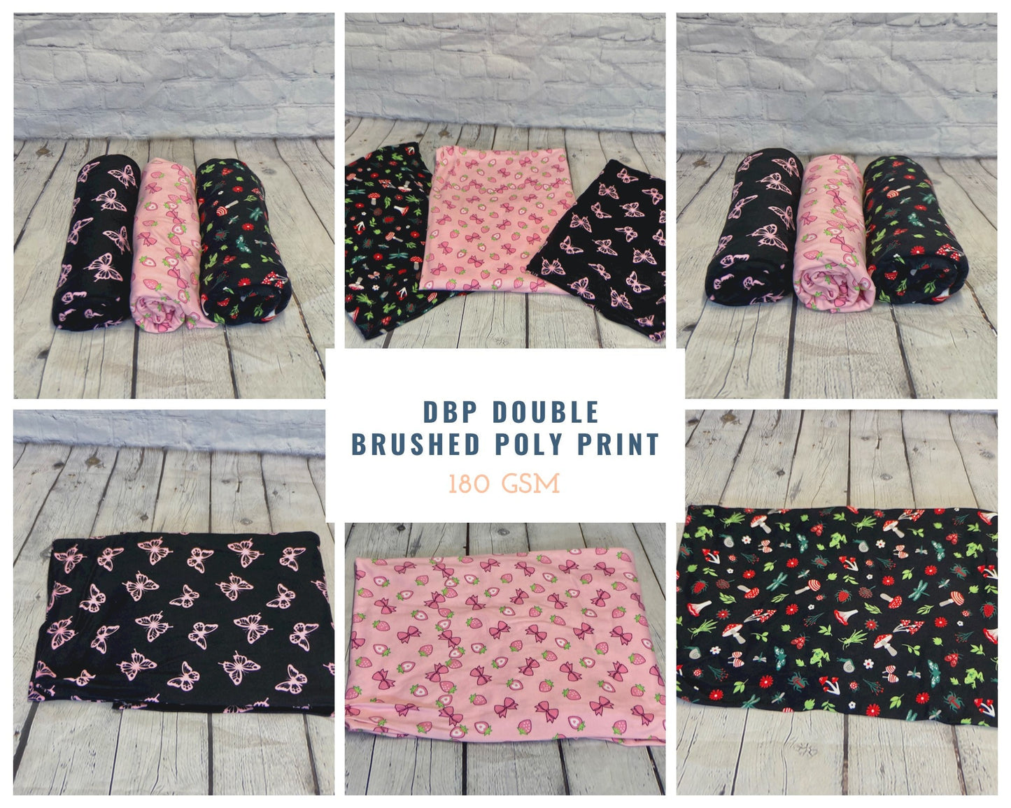 DBP Print Strawberry, Butterfly, Mushroom, Bugs, Lolita, and Bows By The Yard Double Brush Poly Print