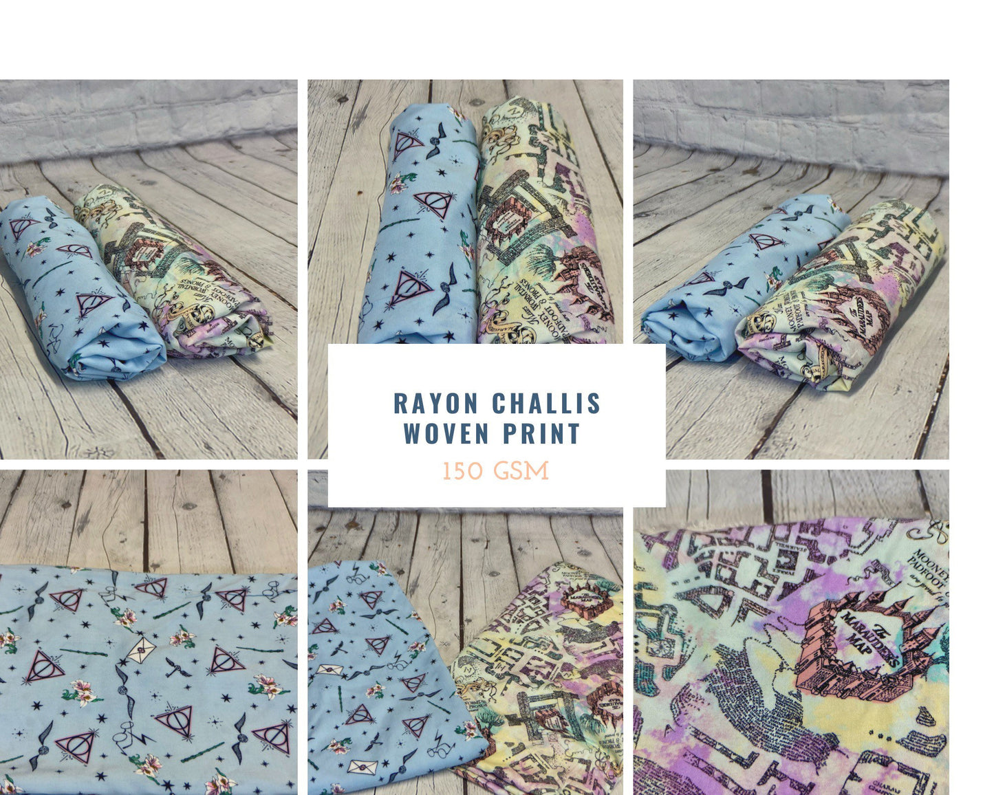Rayon Challis Woven Print Fabric By The Yard Harry Potter , Sorcerer, Marauder’s Map, Magic,  Wand, Deathly Hallow