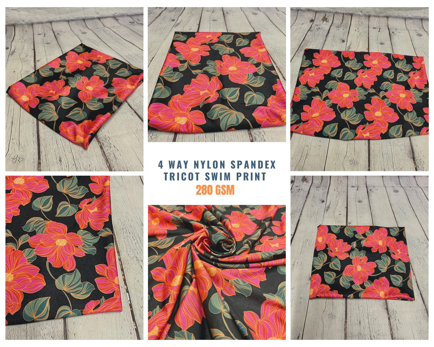 4 Way Stretch Assorted Print Nylon Spandex Fabric By The Yard Tricot Swim Wear Bikini Active wear Floral Medium Flower Pink Print 280 GSM