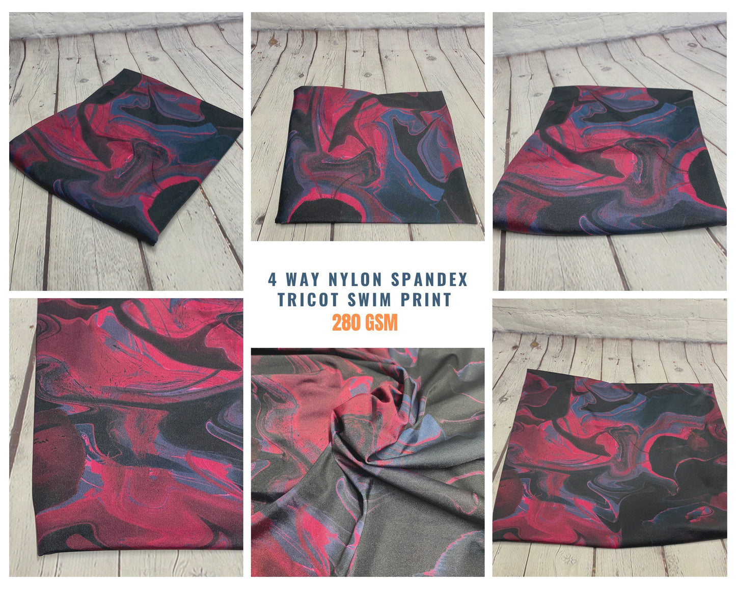 4 Way Stretch Print Nylon Spandex Fabric By The Yard Tricot Swim Wear Bikini Active Wear Marble Wave Tie Dye Wine Navy 280 GSM