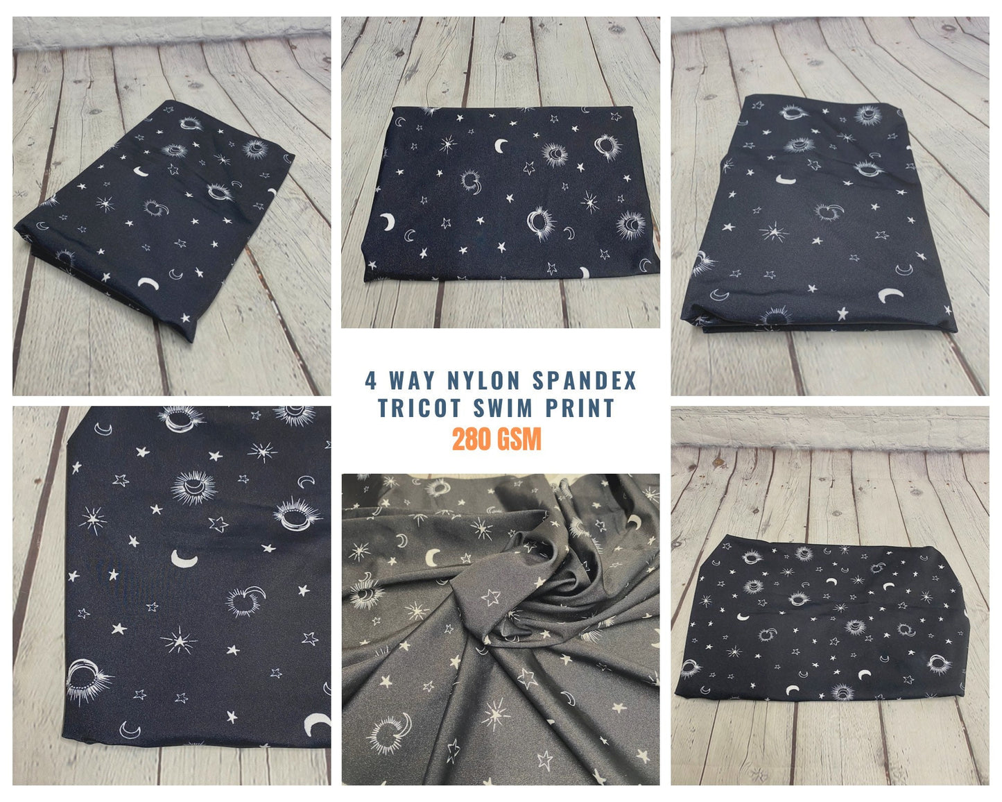 4 Way Stretch Print Nylon Spandex Fabric By The Yard Tricot Swim Wear Bikini Active Wear Crescent Moon Galaxy Star Print 280 GSM