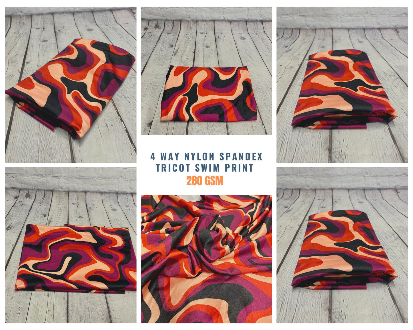 4 Way Stretch Print Nylon Spandex Fabric By The Yard Tricot Swim Wear Bikini Active Wear Wave Hazy Groovy Red Print 280 GSM