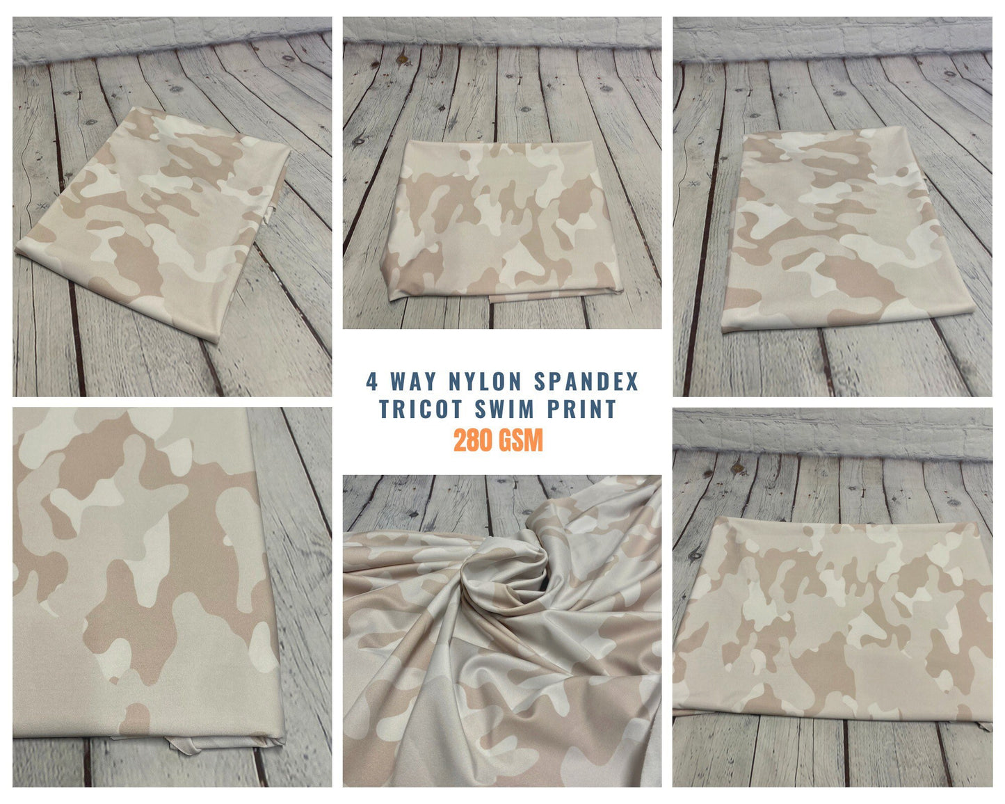 4 Way Stretch Print Nylon Spandex Fabric By The Yard Tricot Swim Wear Bikini Active Wear Tan Nude Camouflage Army Print 280 GSM